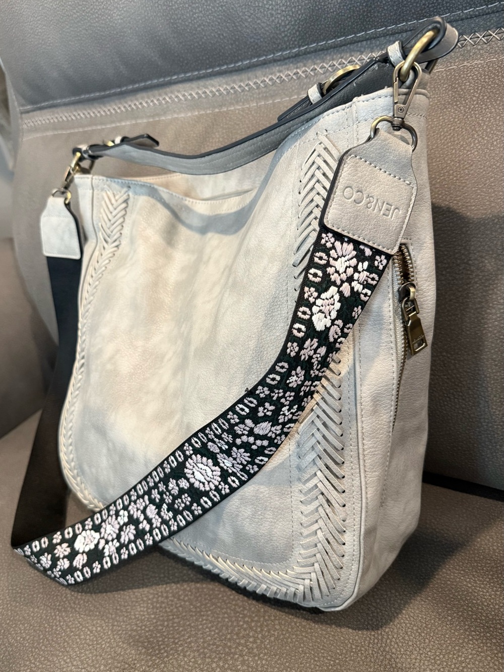 Jen & Co Aris Hobo Cream Leather Shoulder Bag with Embroidered Strap